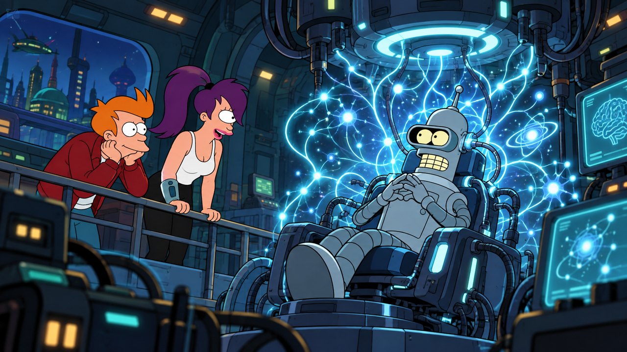 Bender reclines amid branching cyan computational lights as Fry and Leela watch.