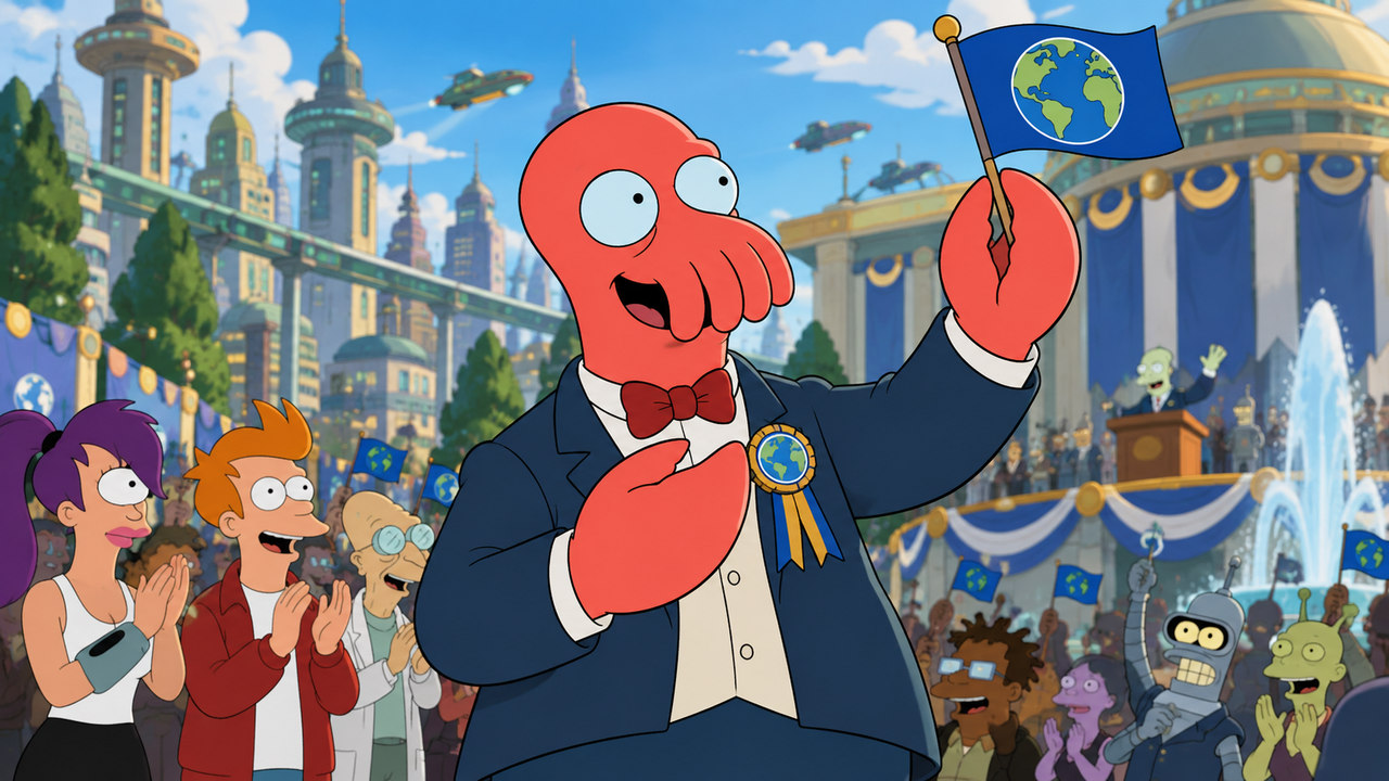 Zoidberg waves an Earth-themed flag at an outdoor civic celebration.
