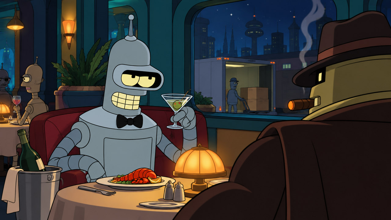 Bender sits at an elegant restaurant table opposite a broad robot in a hat.