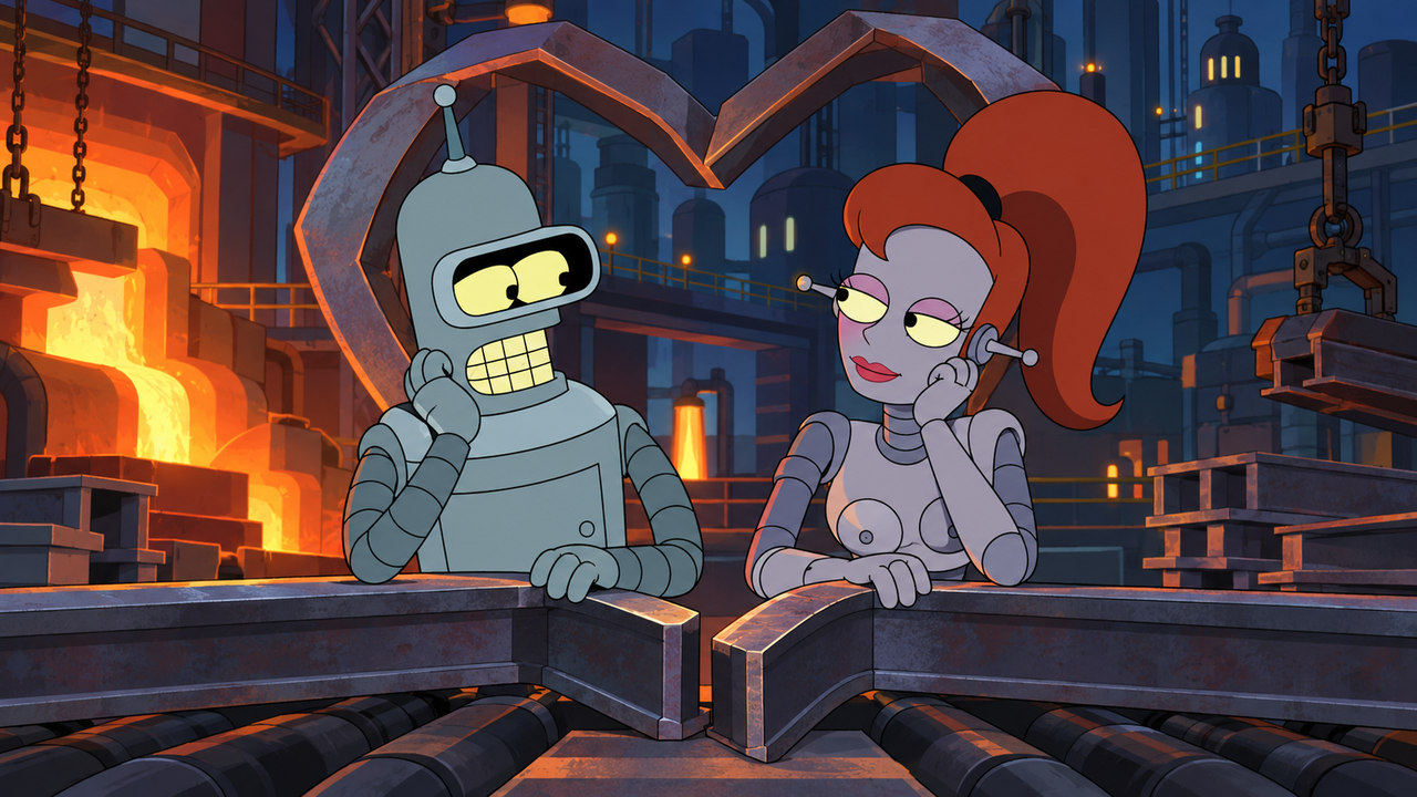 Bender and a red-haired robot face one another across a glowing factory workbench.