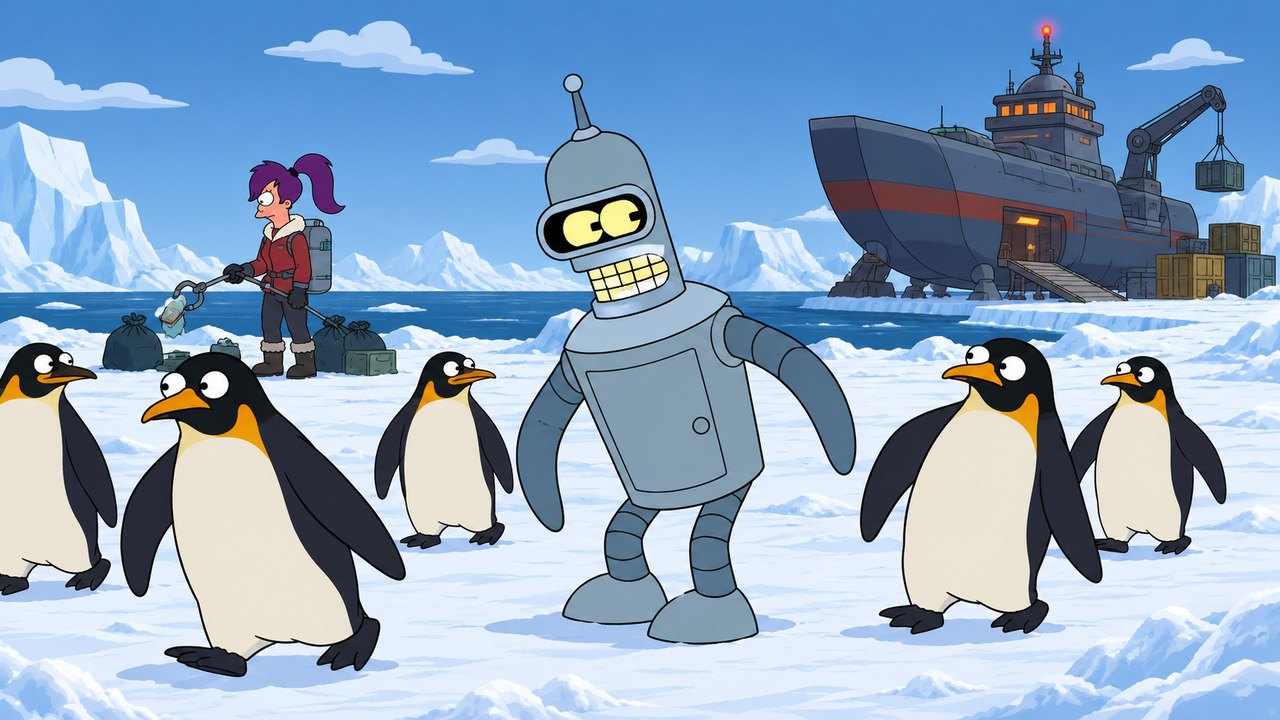 Bender walks among penguins on an icy plain while Leela stands farther back.
