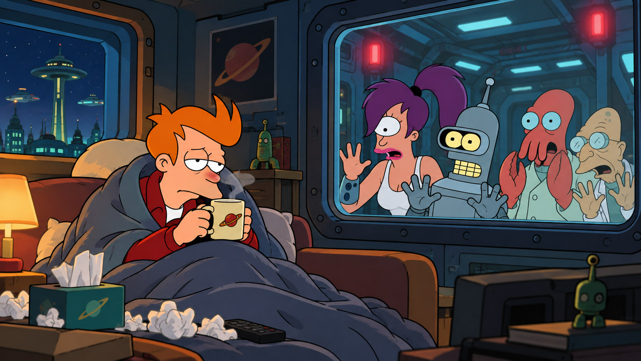 Fry huddles under a blanket holding a mug while the crew watches through glass.