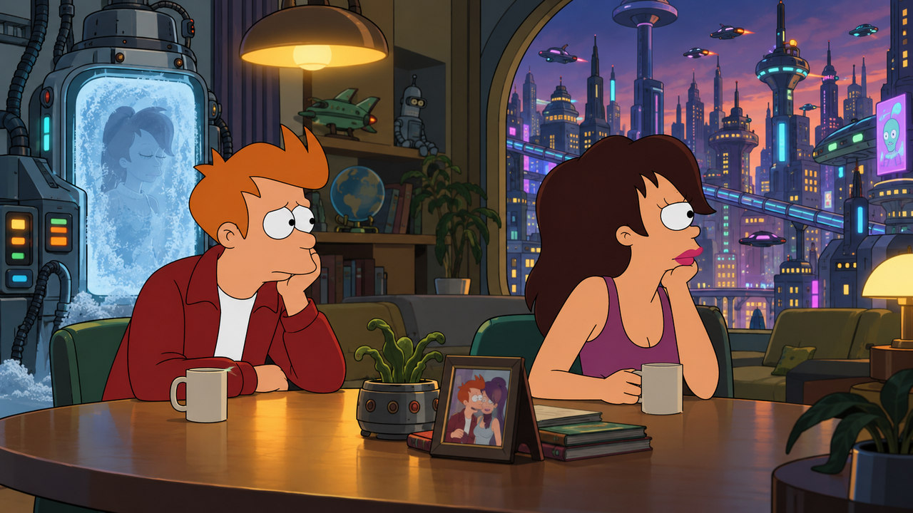 Fry and a dark-haired woman sit apart at a table beside a frosted chamber.
