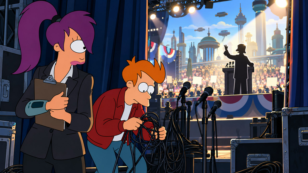 Leela holds a clipboard while Fry untangles cables backstage at a campaign event.