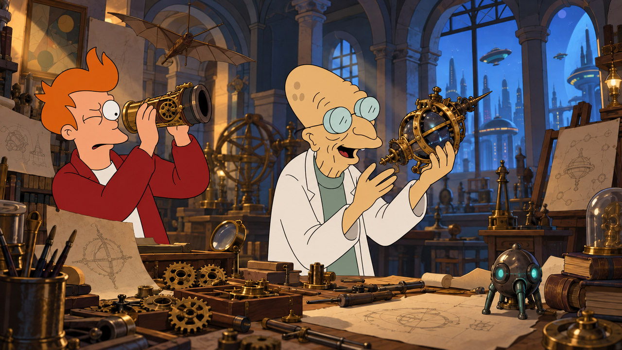 Fry and Farnsworth inspect small mechanical artifacts in a vaulted workshop.