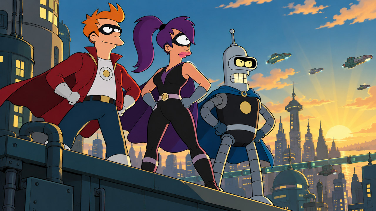 Fry, Leela and Bender pose in superhero costumes on a rooftop.