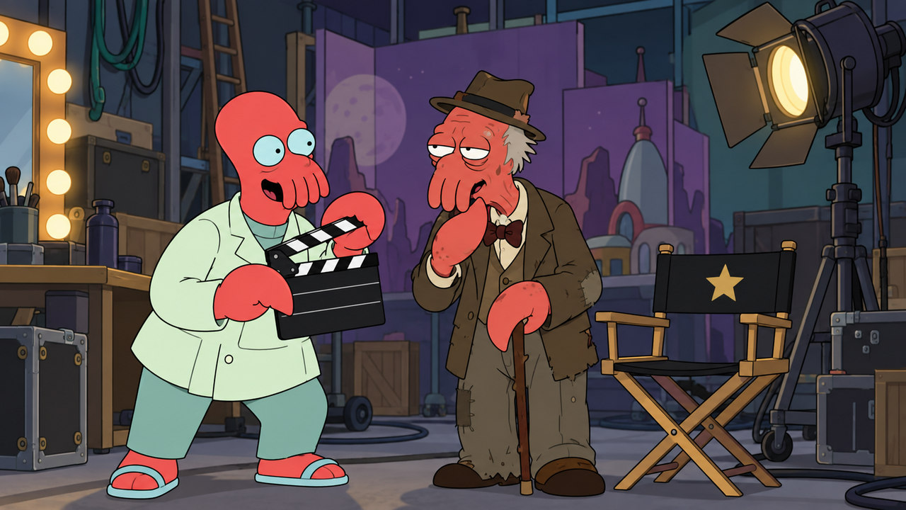 Zoidberg holds a film clapper beside an older red crustacean character on a small set.