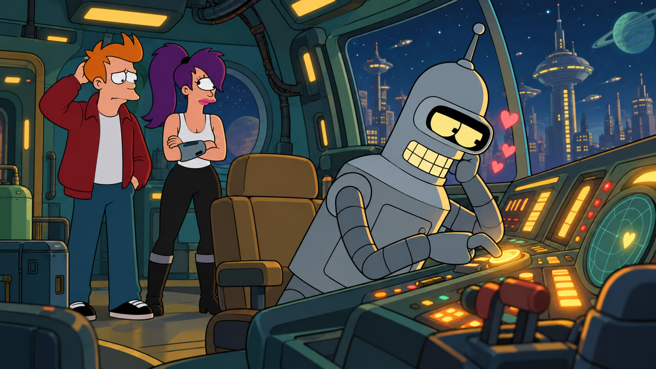 Bender leans affectionately toward the ship’s console while Fry and Leela watch.