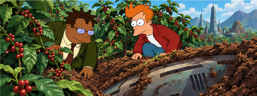 Hermes and Fry kneel beside exposed metal among coffee plants.