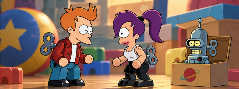 Toy versions of Fry, Leela and Bender face each other across a play surface.