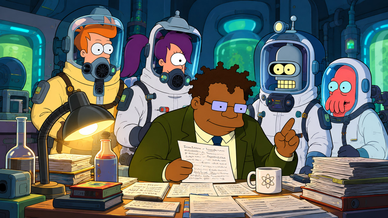 Hermes studies papers at a laboratory desk while the crew waits in protective helmets.