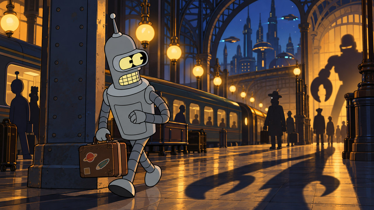 Bender clutches a suitcase under looming mechanical shadows at a station.