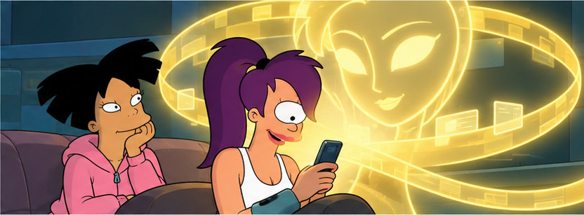 Leela looks at a small device under a large golden glow while Amy waits beside her.