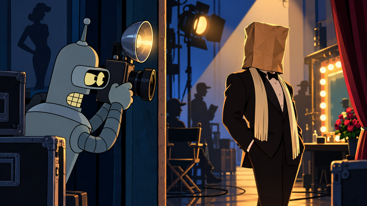 Bender aims a camera at a formally dressed figure whose head is covered by a paper bag.
