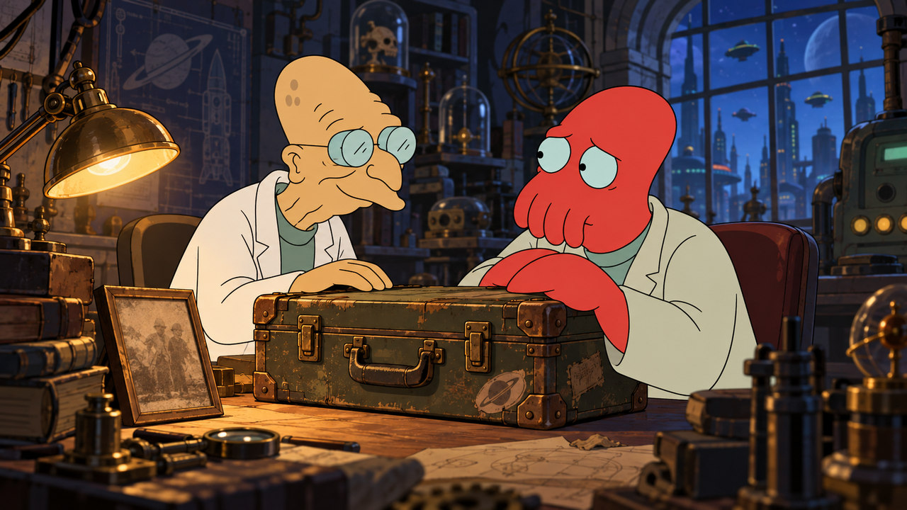 Farnsworth and Zoidberg quietly examine an old closed expedition case.