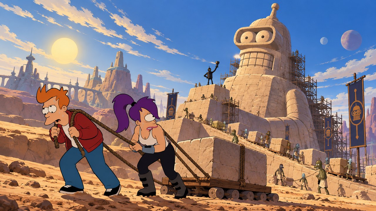 Fry and Leela haul a stone block beneath an enormous monument to Bender.