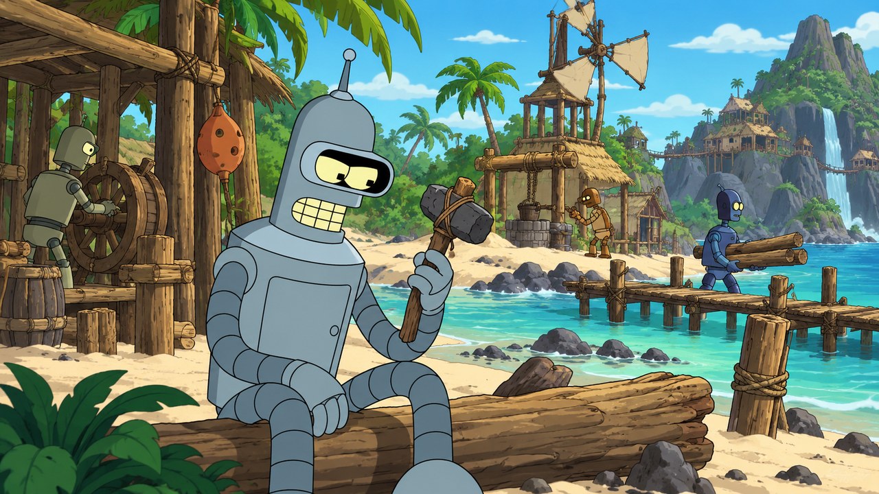 Bender considers a wooden tool beside a beach settlement of robots.