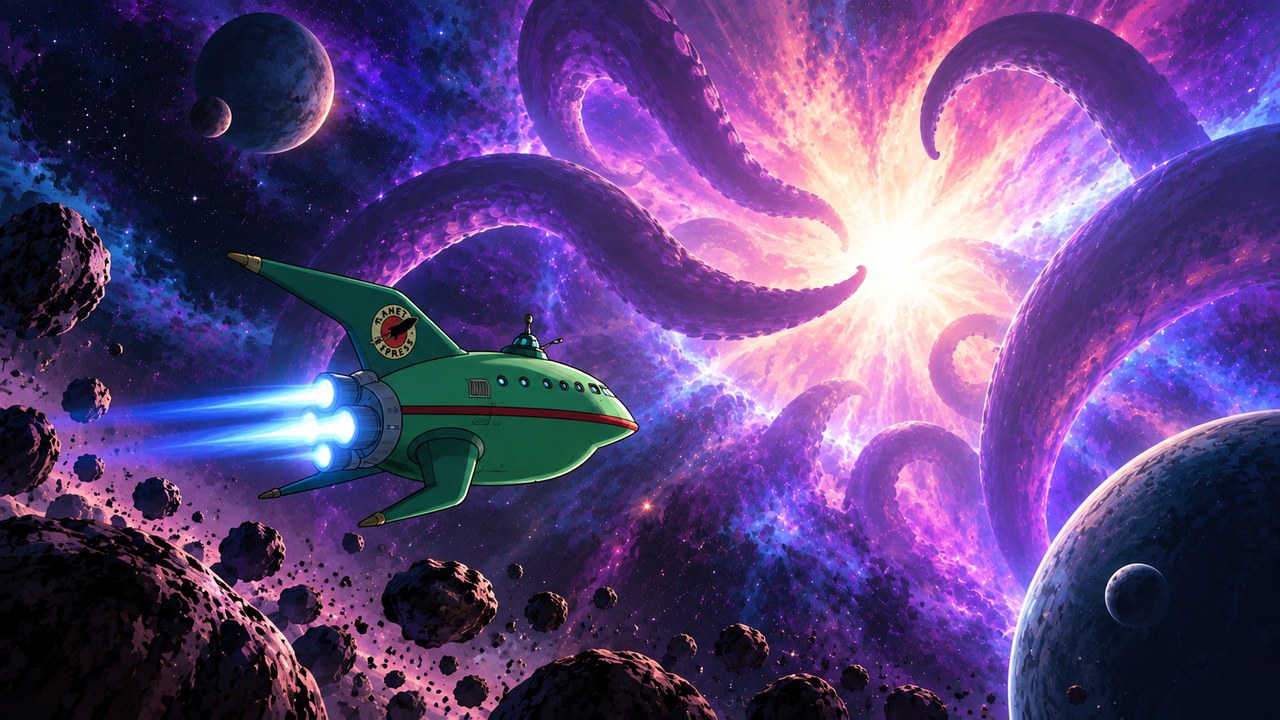 A green delivery ship approaches a luminous tear surrounded by immense tentacles.