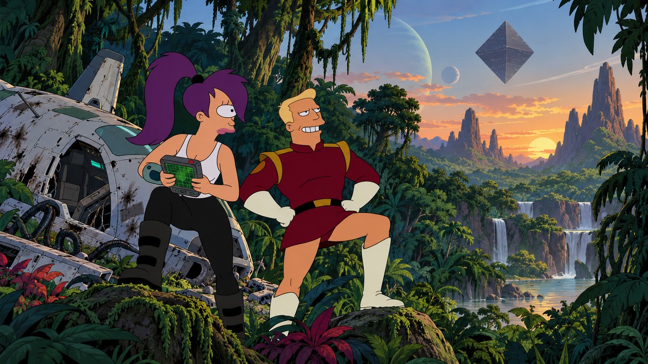 Leela and Zapp rest near a crashed craft beneath a hovering geometric object.
