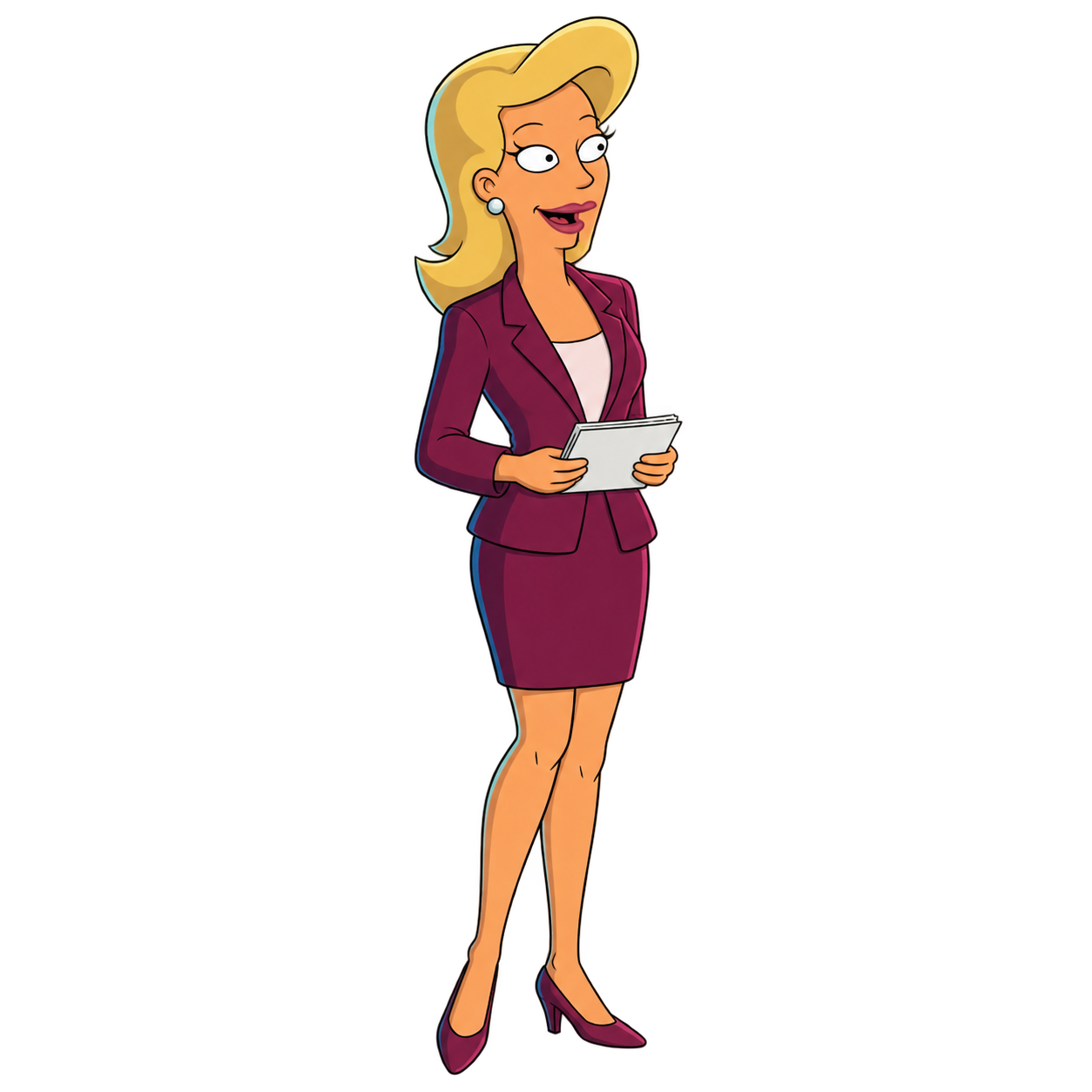 Linda smiles while holding blank cue cards.