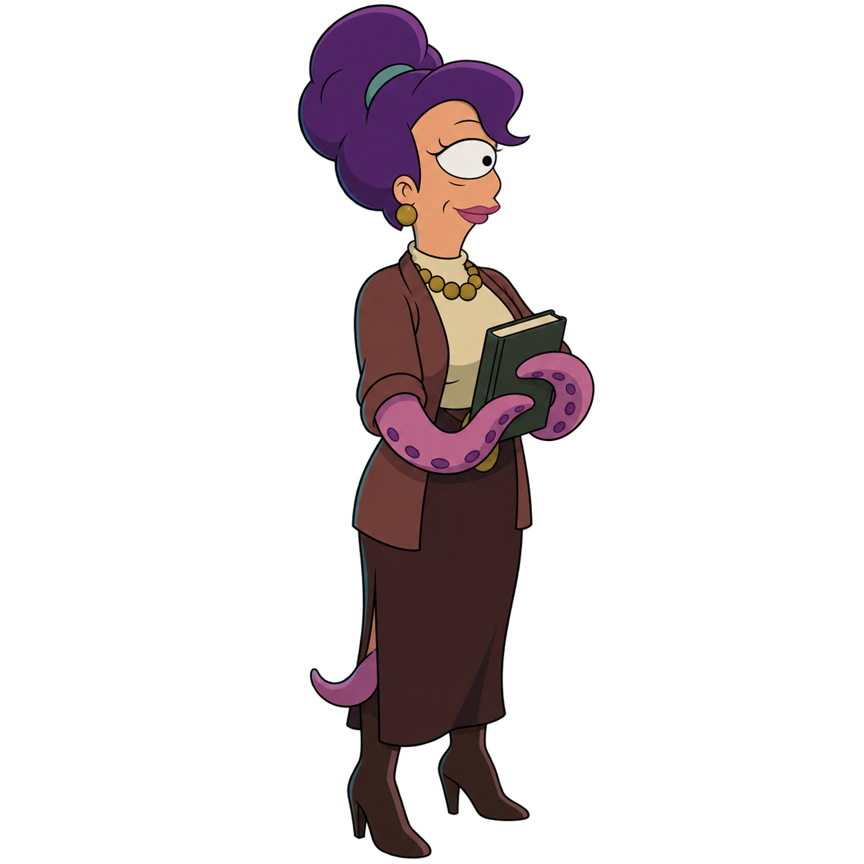 Munda holds a closed book with her purple tentacle arms.