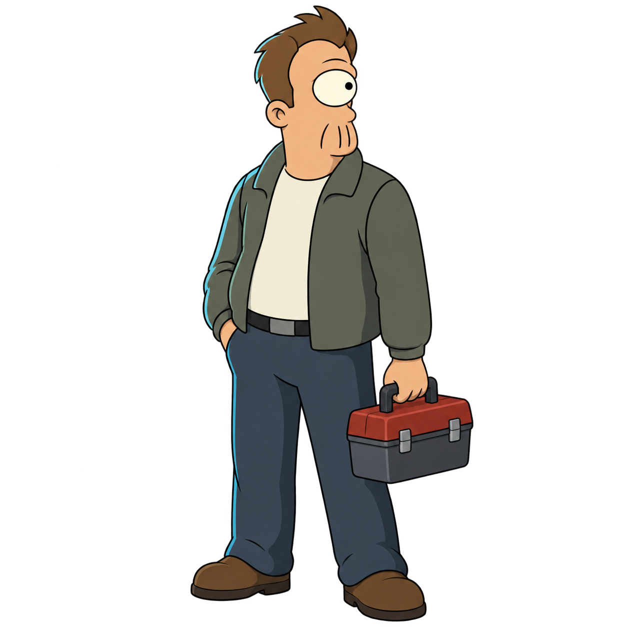 Morris stands with a closed toolbox, his single eye and vertical mouth visible.