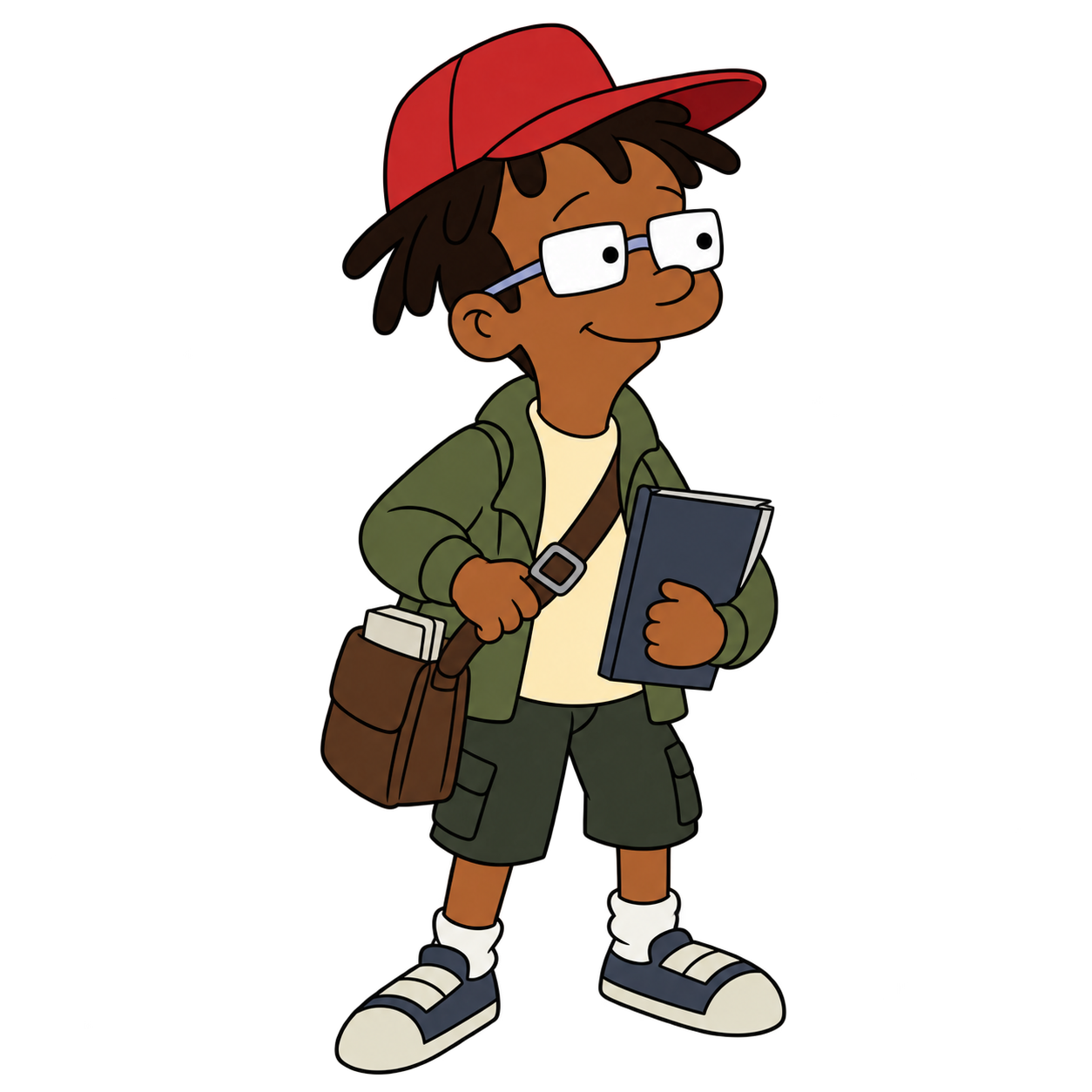 Dwight holds a tablet and satchel while wearing a red cap and glasses.