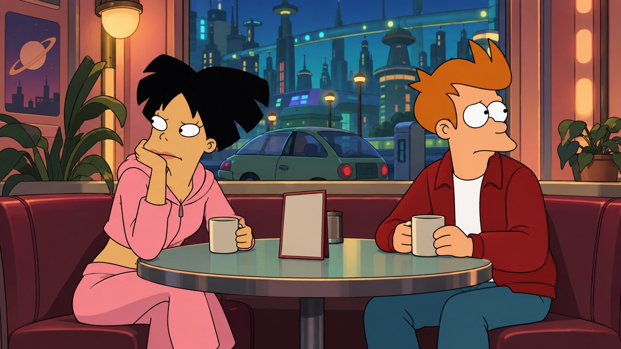 Amy and Fry look away from each other at a cafe table.