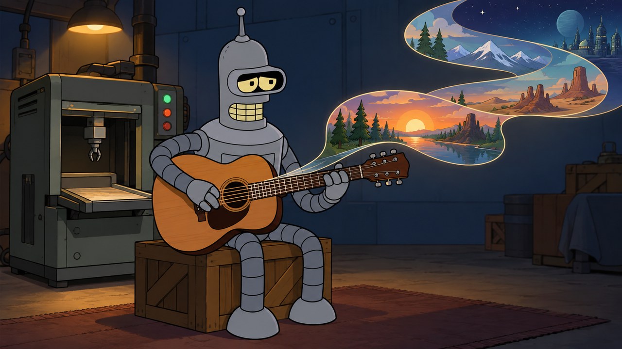 Bender plays a guitar beside a fabrication machine and an imagined landscape ribbon.