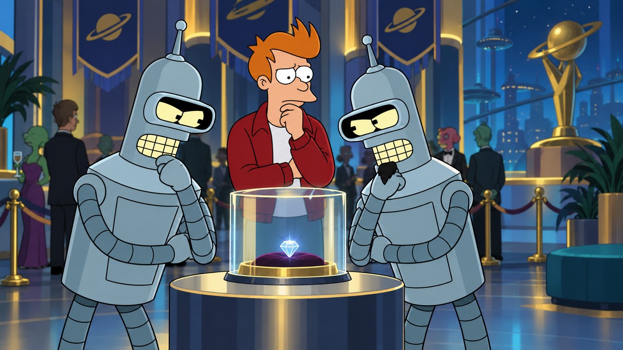 Fry studies Bender and goateed Flexo beside a brightly lit display case.