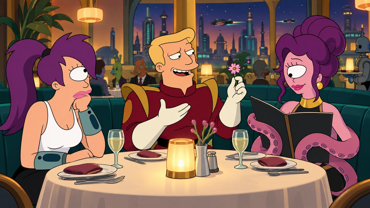 Leela looks uneasy while Zapp talks with Munda at a restaurant table.