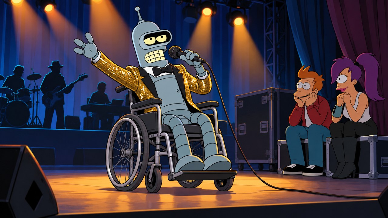 Bender performs from a mechanical wheelchair while Fry and Leela watch.