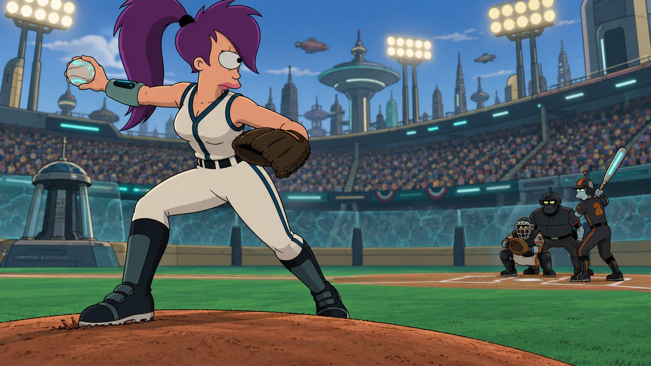 Leela prepares a pitch in a futuristic stadium.