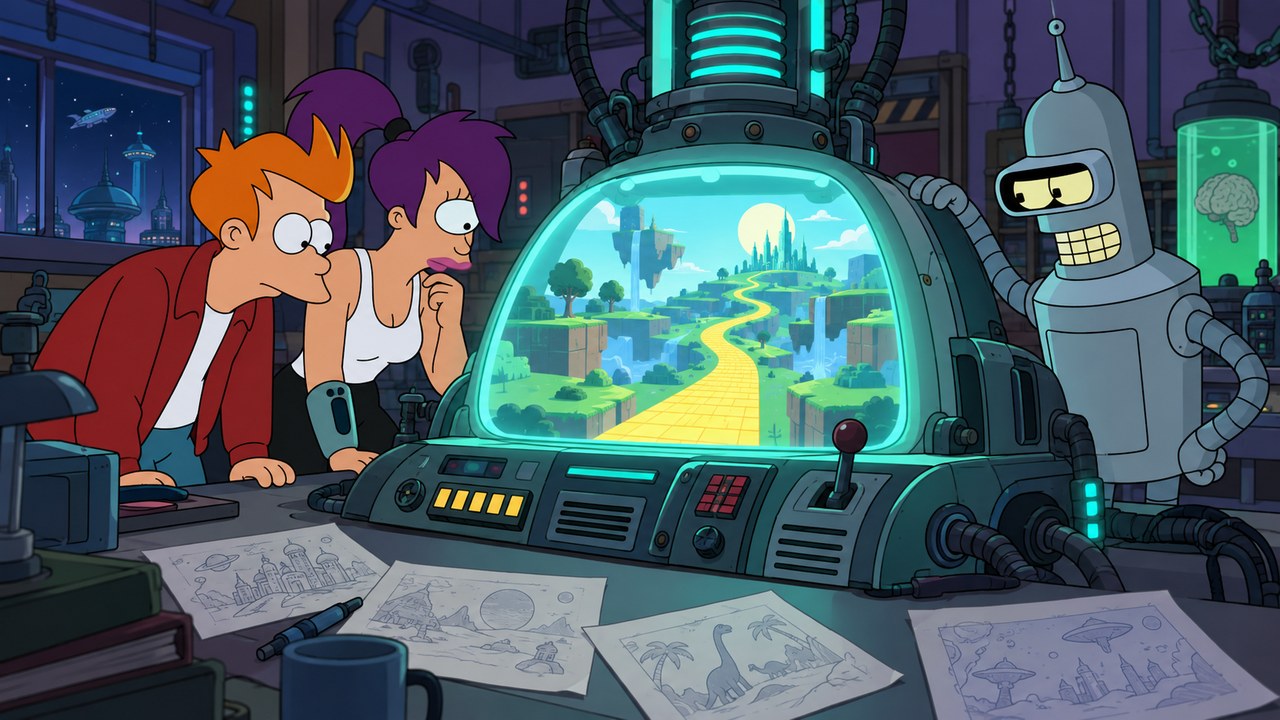 Fry, Leela and Bender study a colorful hypothetical landscape inside a laboratory display.