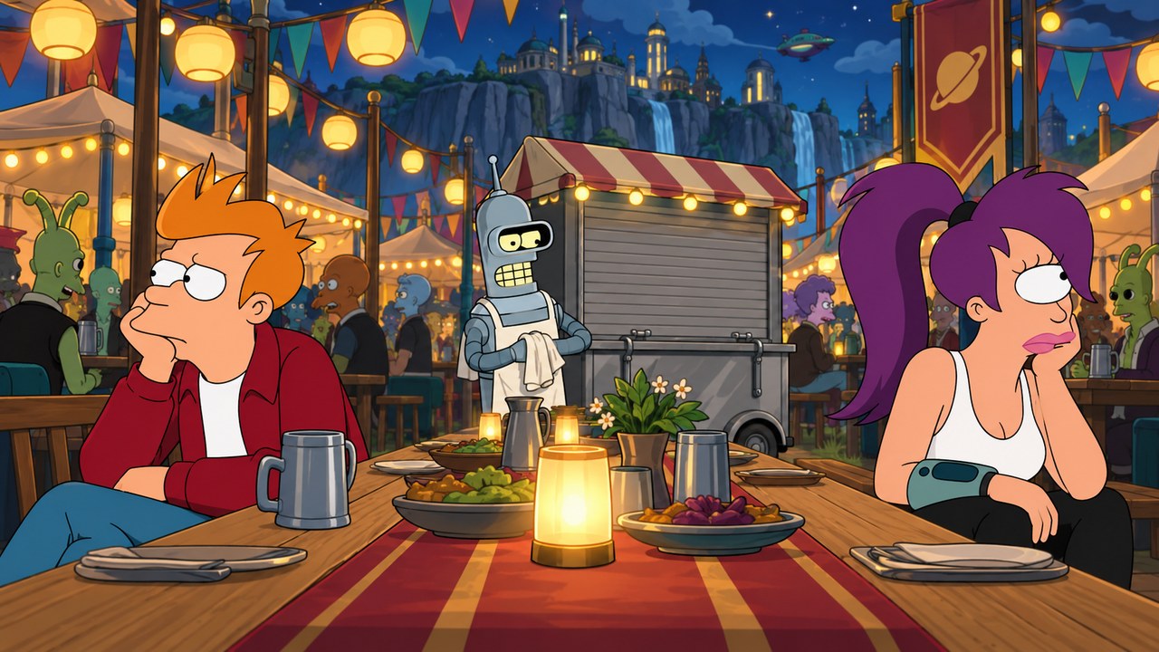 Fry and Leela sit apart at a festive outdoor table.