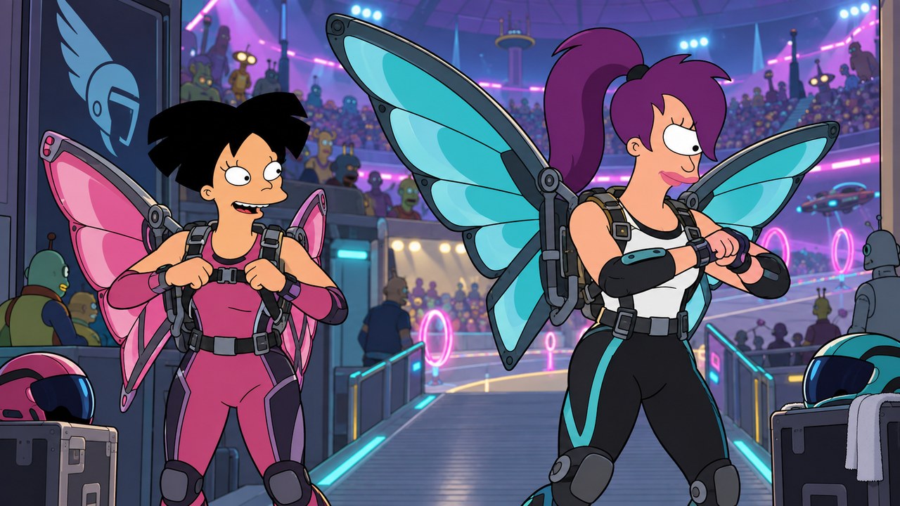 Amy and Leela check attached butterfly-wing sporting equipment before a competition.
