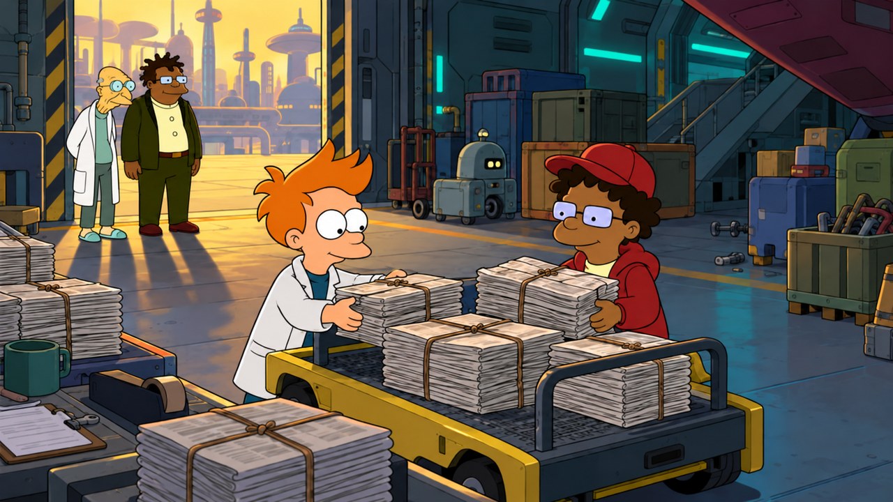Two young delivery workers organize newspaper stacks while Farnsworth and Hermes watch.