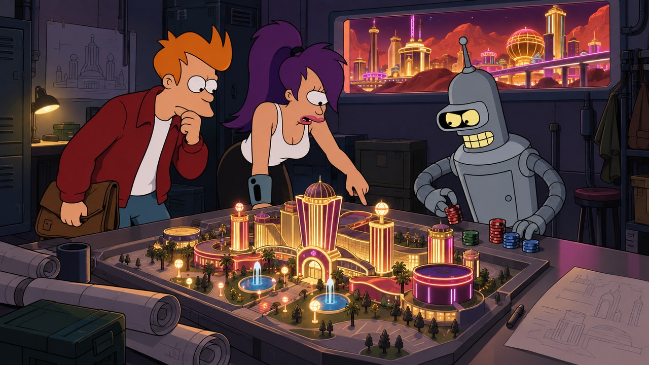 Fry, Leela and Bender examine a casino model under neon light.