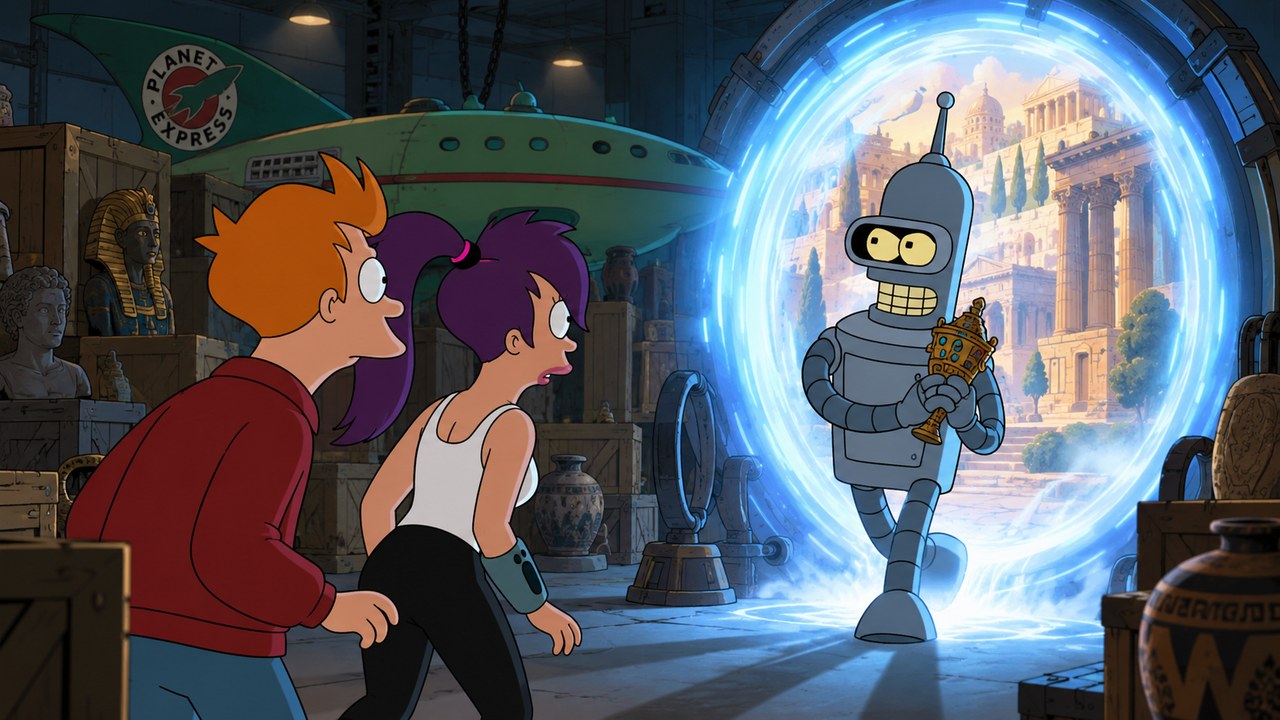 Bender carries an antique through a glowing time portal while Fry and Leela watch.