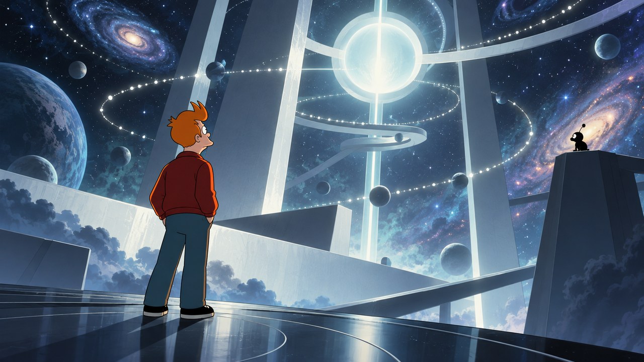 Fry is dwarfed by a glowing cosmic information structure.