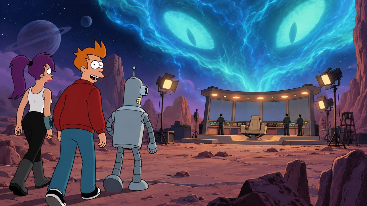The crew approaches a deserted television set beneath a looming energy presence.