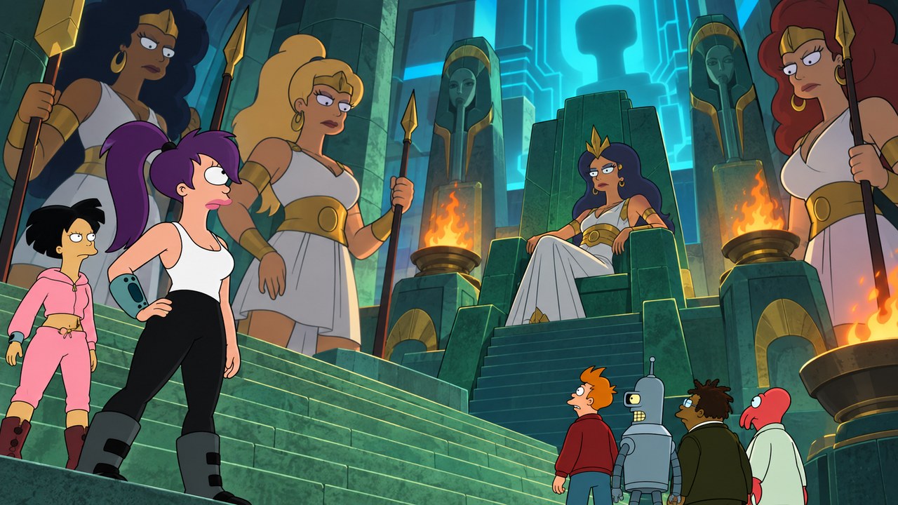 The crew faces a monumental chamber occupied by towering alien women.