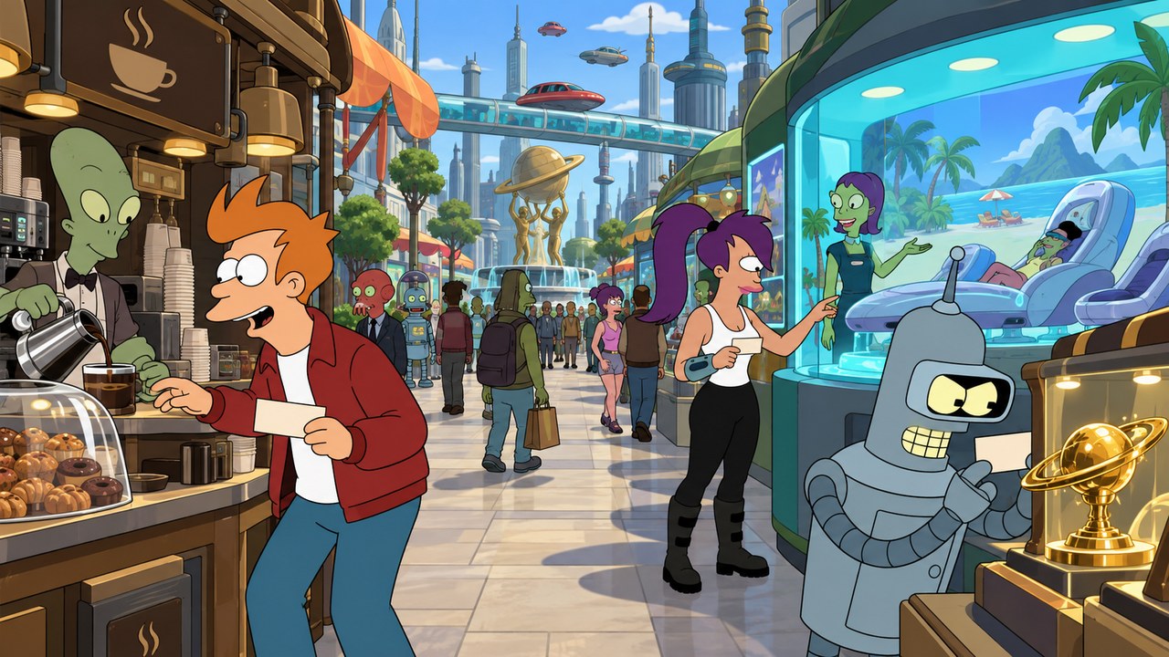 Fry, Leela and Bender consider different purchases along a futuristic market street.