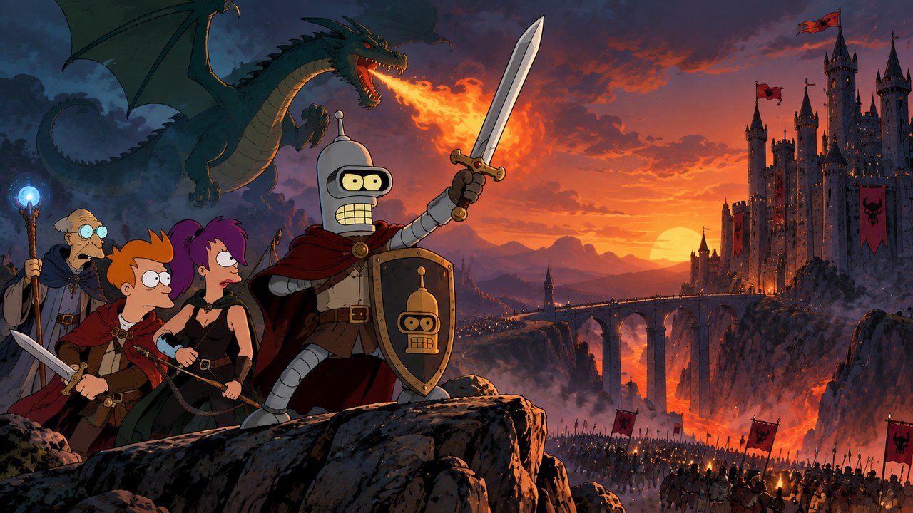 Bender adopts a knightly pose before a dragon, castle and industrial landscape.