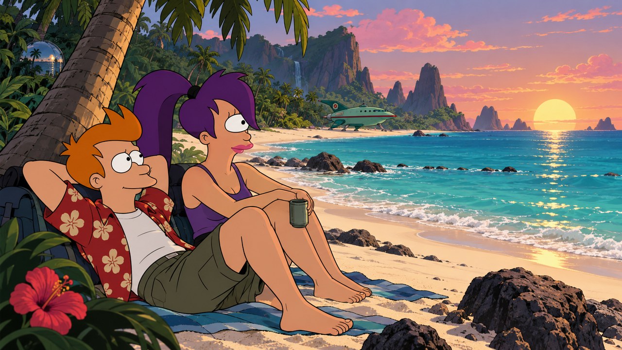 Fry and Leela relax on an isolated tropical beach.