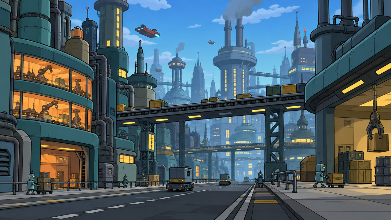 An industrial robot city with elevated bridges, pipes and illuminated workshops.