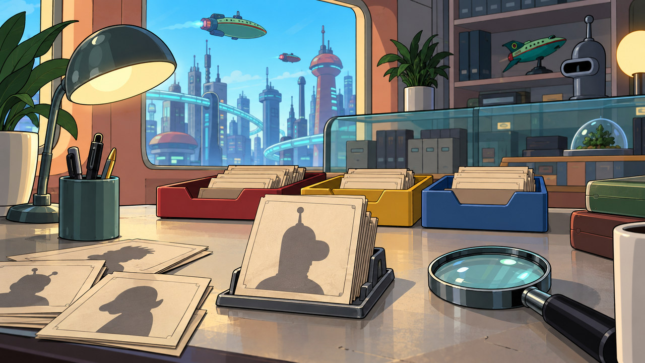 Silhouette cards, sorting trays and a magnifying glass on a futuristic desk.