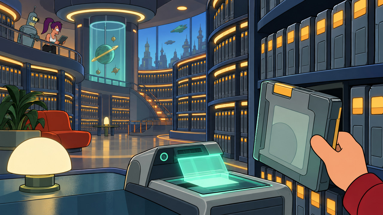 Fry selects an unlettered cartridge from tall futuristic archive shelves.