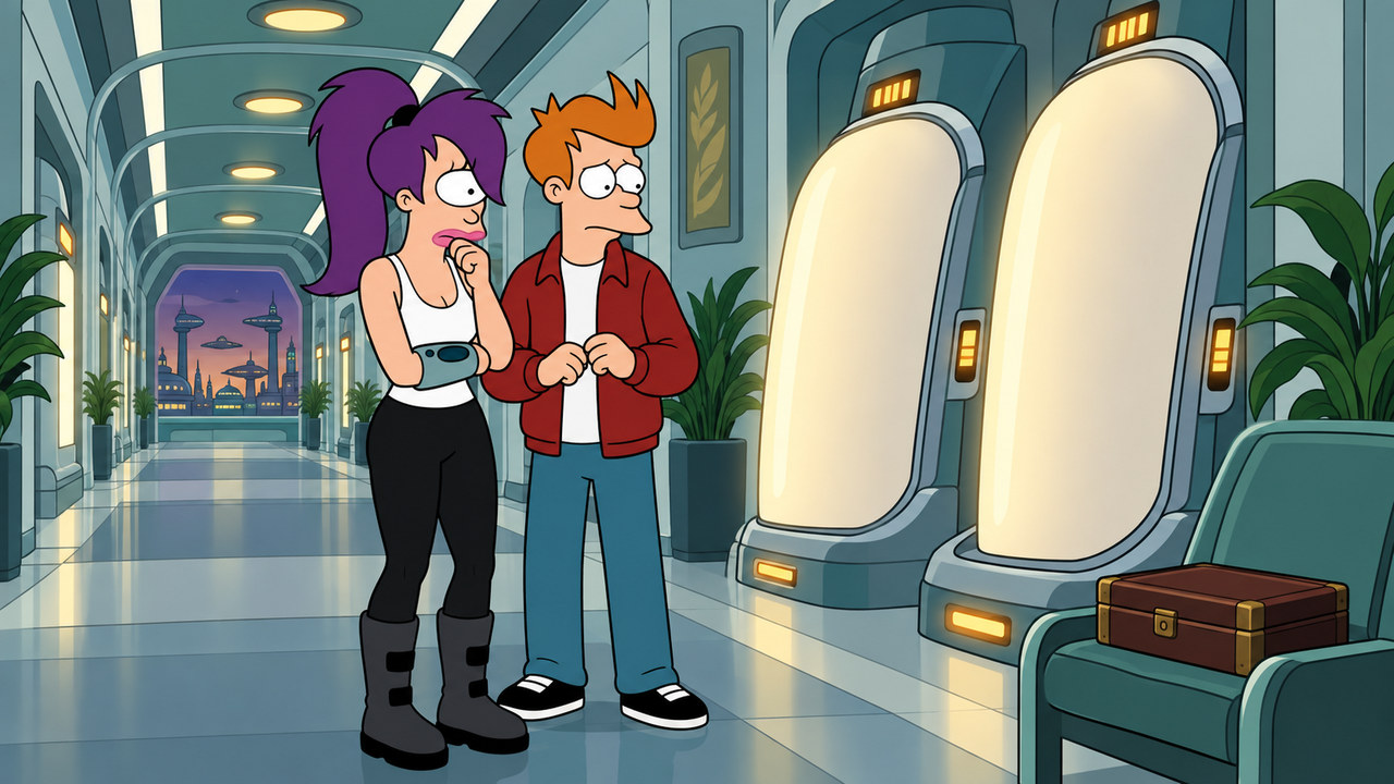 Fry and Leela stand beside empty reclining stations in a quiet corridor.