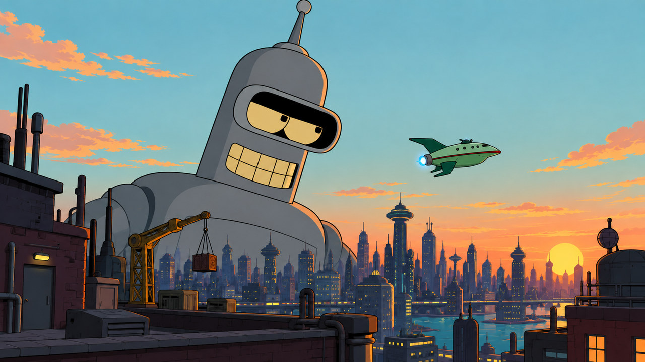 A giant Bender leans above the skyline while the delivery ship passes.